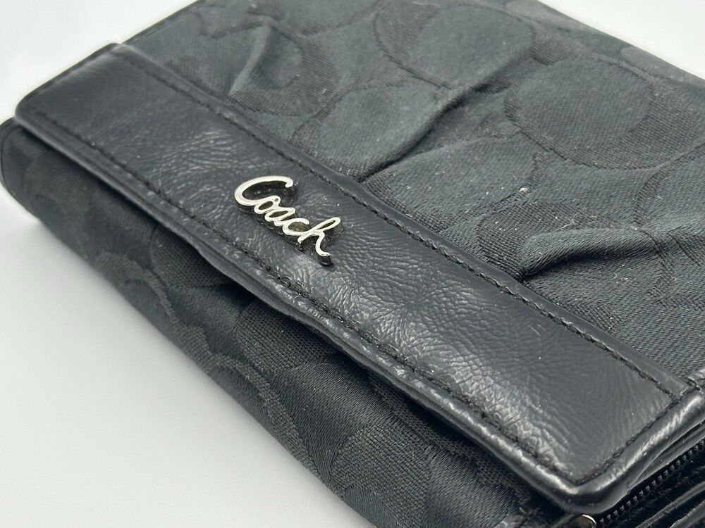 Coach Vintage Black Fabric Jacquard Signature Canvas Trifold Wallet 7 3/4”x4.5”